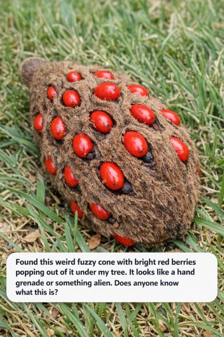 Found this weird fuzzy cone with bright red berries popping out of it under my tree. It looks like a hand grenade or something alien. Does anyone know what this is? 😍👇👇