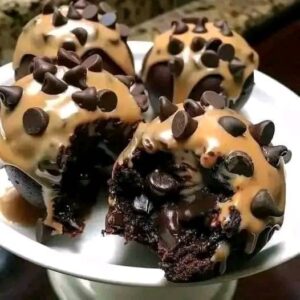 Chocolate Peanut Butter Snowballs with Caramel Drizzle