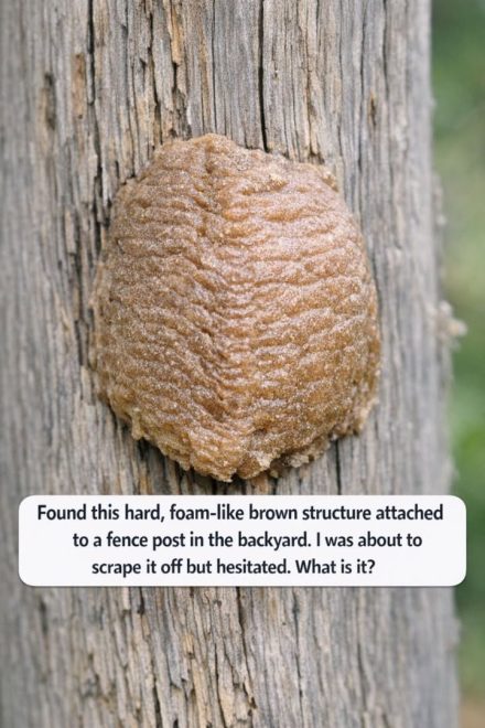Found this hard, foam-like brown structure attached to a fence post in the backyard. I was about to scrape it off but hesitated. What is it?